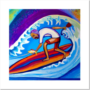 Surfer catching a wave and a fish Posters and Art